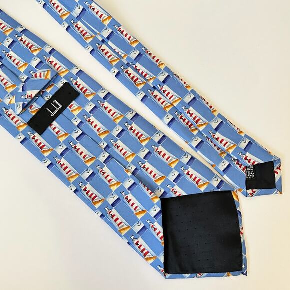DUNHILL Neck Tie Mens Light Blue Geometric Light House Luxury Silk Preppy Work - Picture 5 of 9